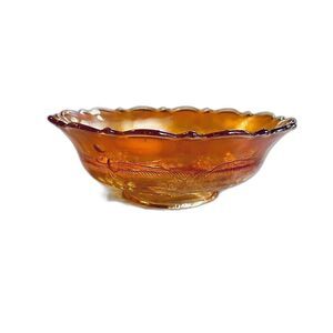Indiana Carnival Glass Footed Bowl Grape Leaves Design Amber Iridescent 6.5” VTG